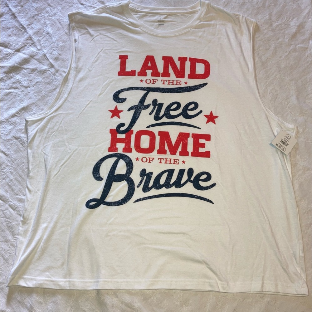Land of the Free-Home of the Brave Patriotic Muscle/Tank Top 3XL White NWT USA